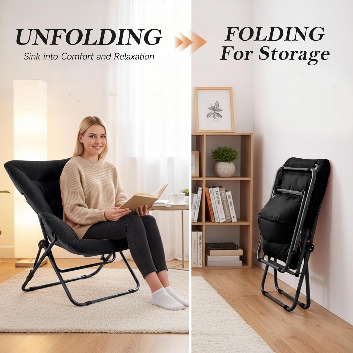 Saucer Chair, Comfy Bedroom Chairs, Oversized Folding Faux Fur Chair, Foldable Metal Frame Chair for Bedroom, Patio, Study, Playroom (Black)