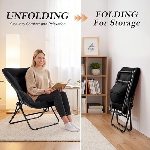 Miniatura 3 de Silla plegable de piel sintética de gran tamaño con otomana, silla de platillo suave XL, marco de metal plegable para dormitorio, sala de estar,