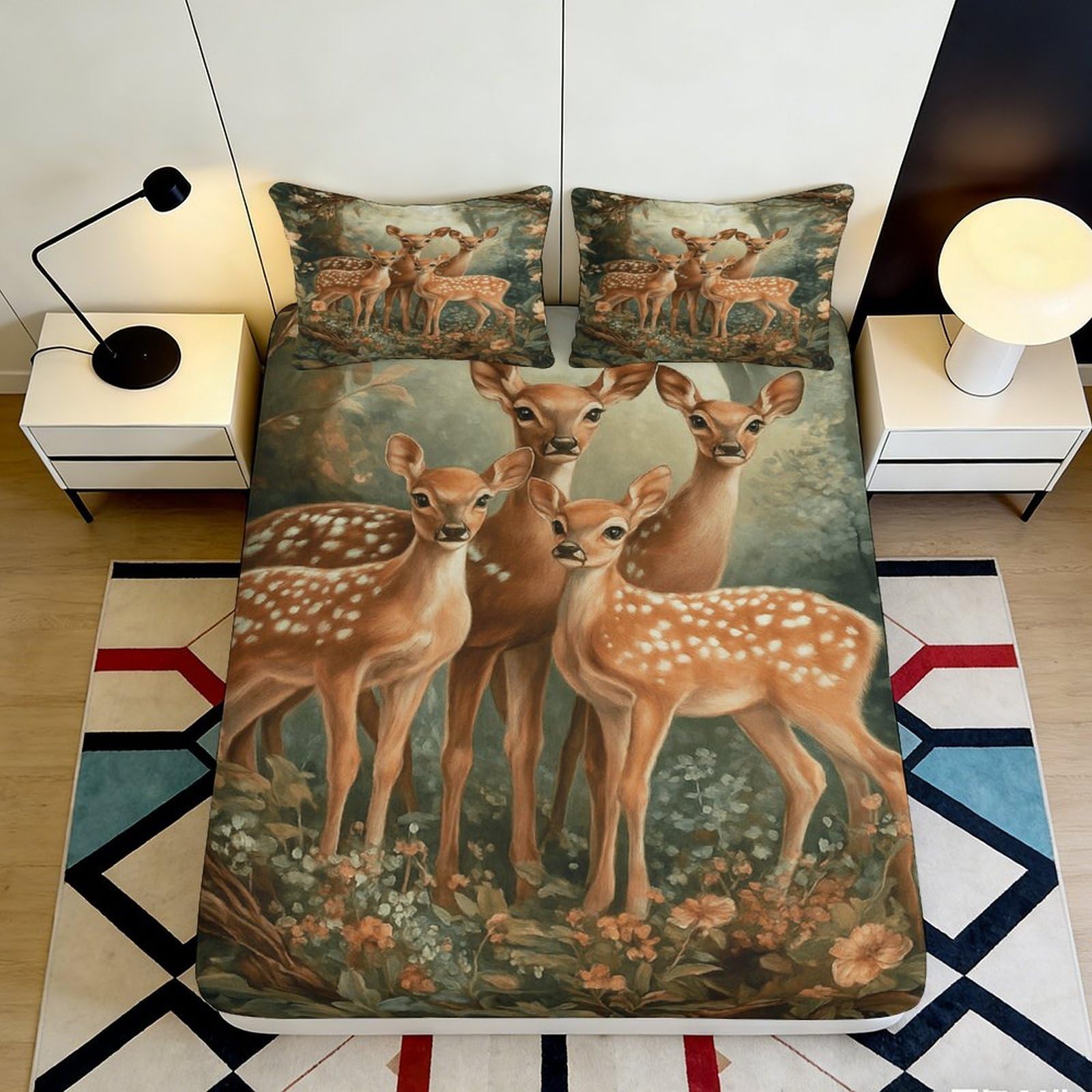 3D Printed Forest Deer Fitted Sheet Microfiber Anti-Slip Mattress Cover Nature Animal Decor for Bedroom Guestroom 120x200x25cm