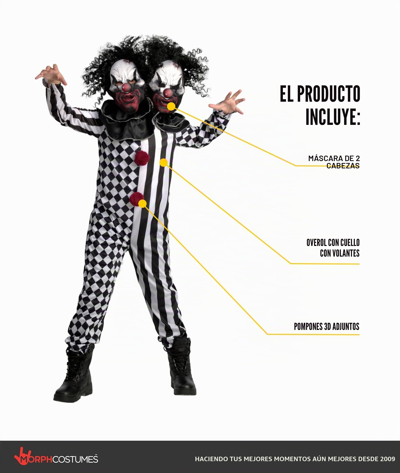 Morph Deluxe Disfraz Payaso Asesino Niño 2 Cabezas y Niña, Payaso Siniestro Halloween Niños, Miedo