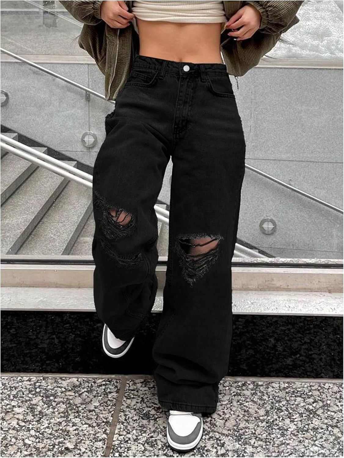 SHENHE Women's Ripped Jeans Y2K High Waisted Wide Leg Distressed Boyfriend Denim Pants