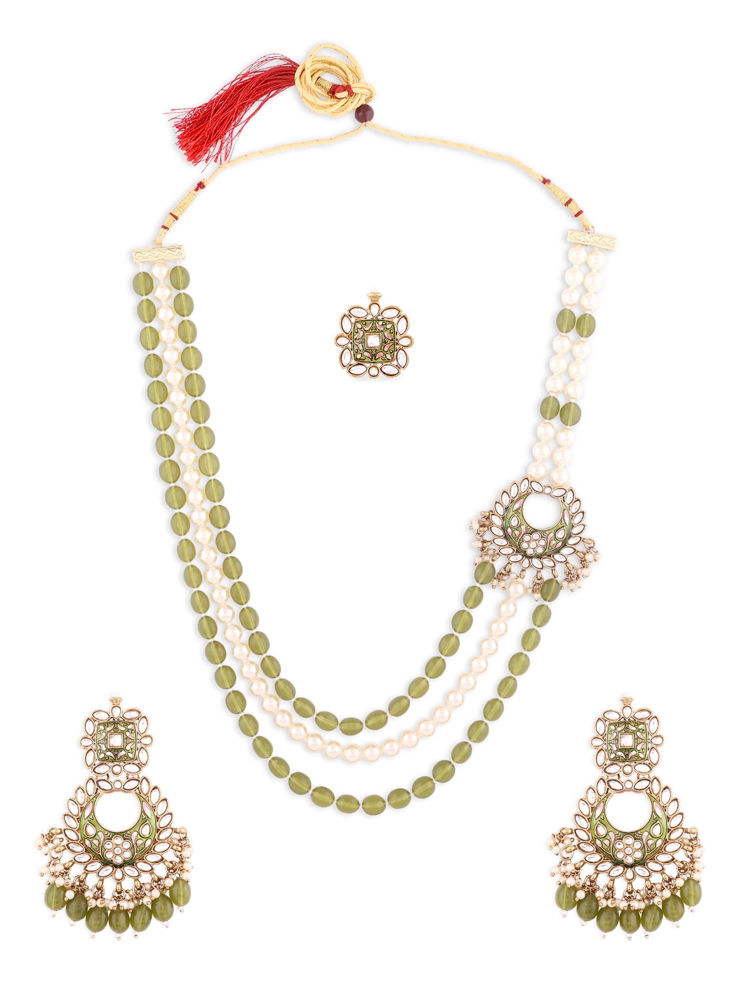 ZAVERI PEARLS Green Meenakari Multilayer Side Brooch Beaded Necklace Earring & Ring Set For Women-ZPFK14661 (B0BCGV4L1G) Amazon Price History, Amazon Price Tracker