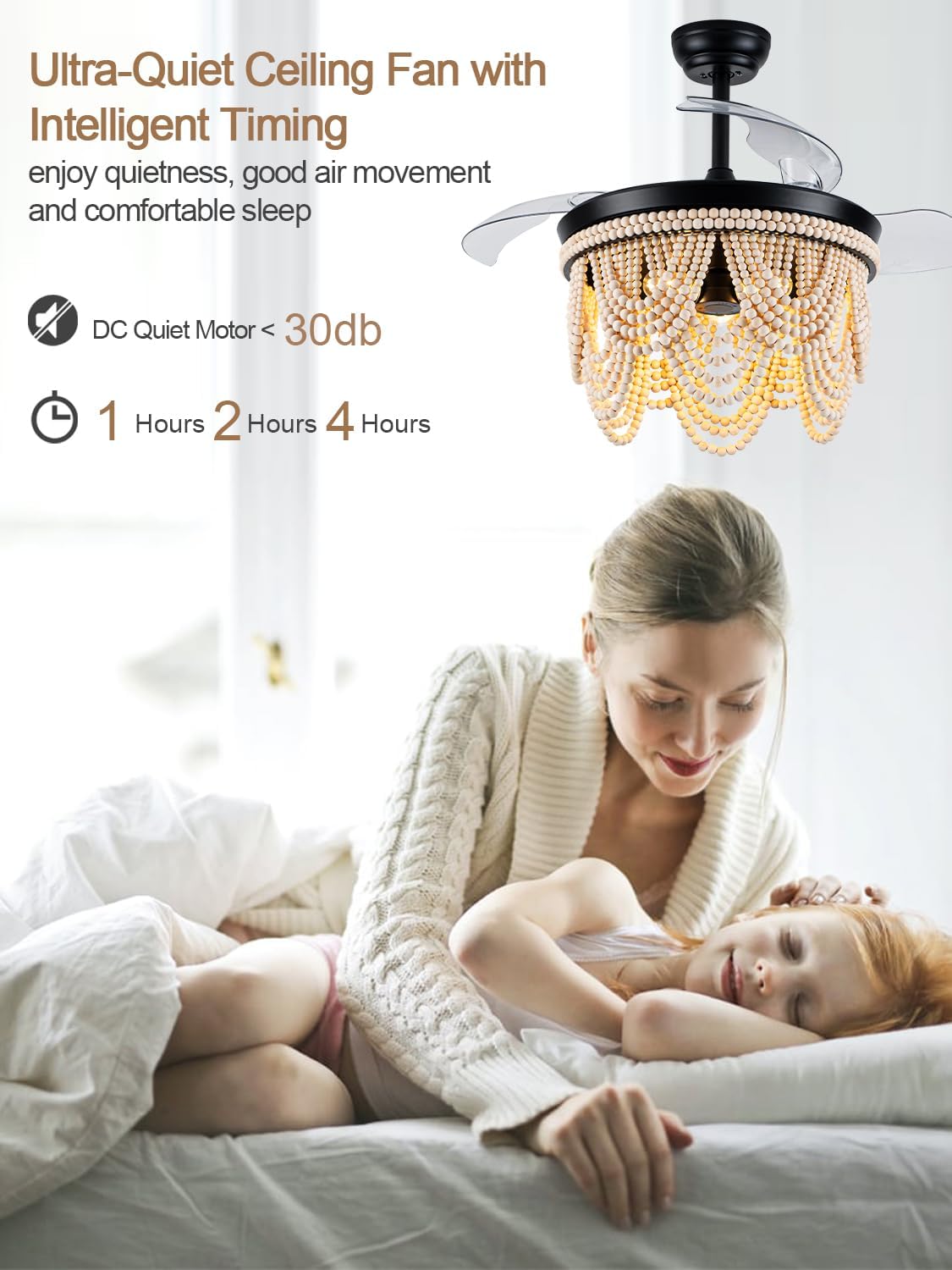 42 Inch Boho Retractable Ceiling Fan with Lights Boho Fandelier Ceiling Fan Wood Beaded Coastal Chandelier, 6 Speeds Reversible Quiet DC Motor 3 E26 for Bedroom Living Room