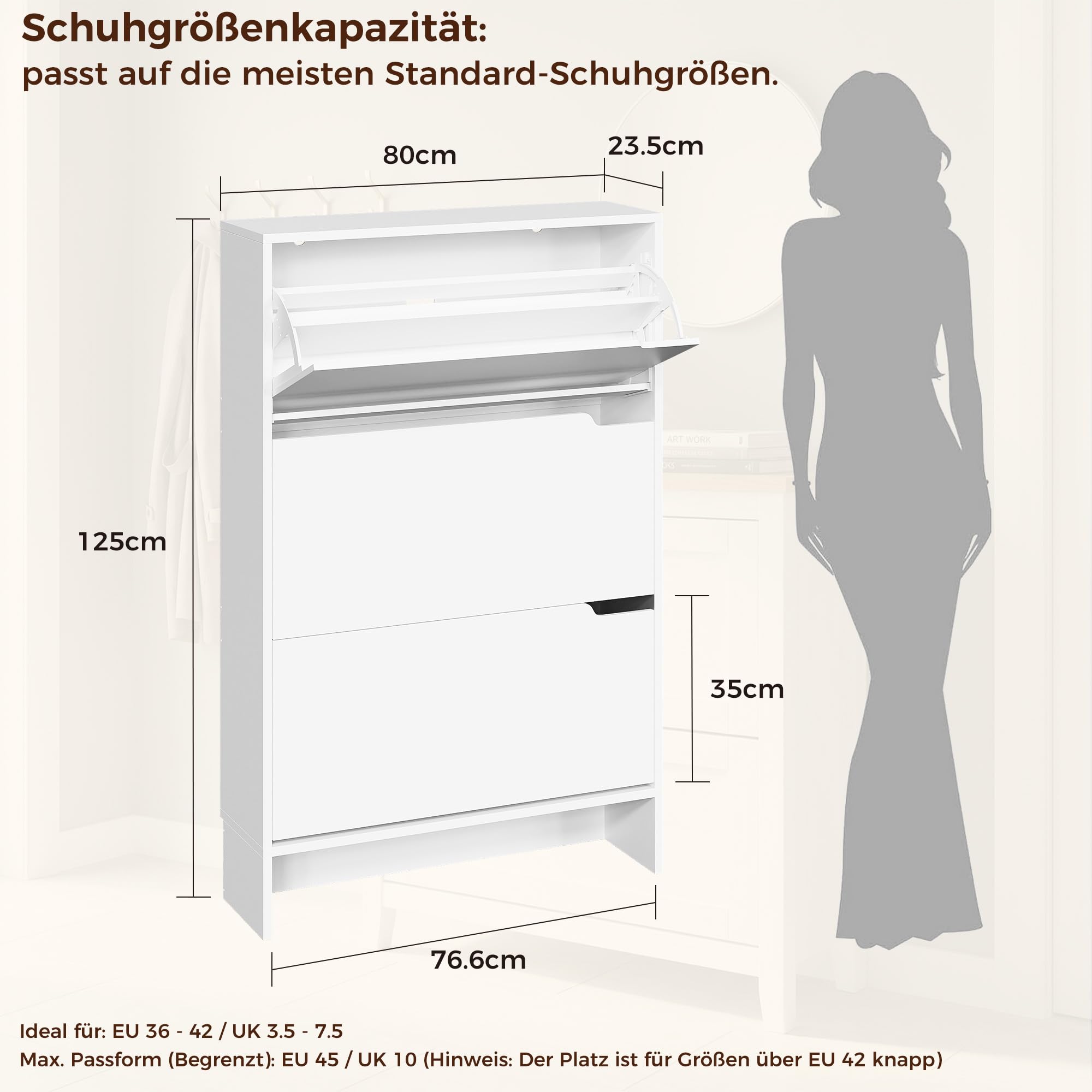 IRONCK Schuhschrank 3 Klappen, Schuhkipper Schmal, Schuhregal 3 Ebenen, Schuhaufbewahrung Holz, Schuhkommode Flur mit Verstellbarer Trennwand, für 18+ Paar Schuhe, 80 x 23.5 x 125.5 cm, Weiß