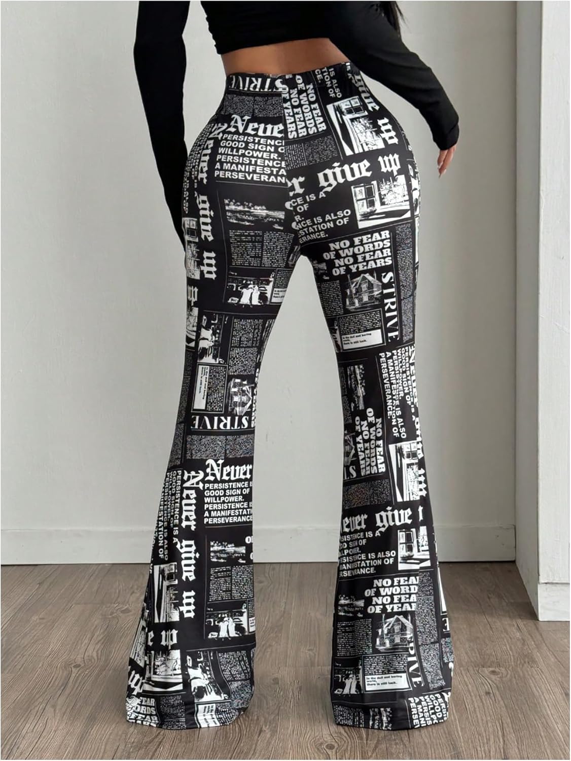 MakeMeChic Women's Newspaper Print Flared Leg Pants Elastic Waisted Y2K Bootcut Trousers - Image 3