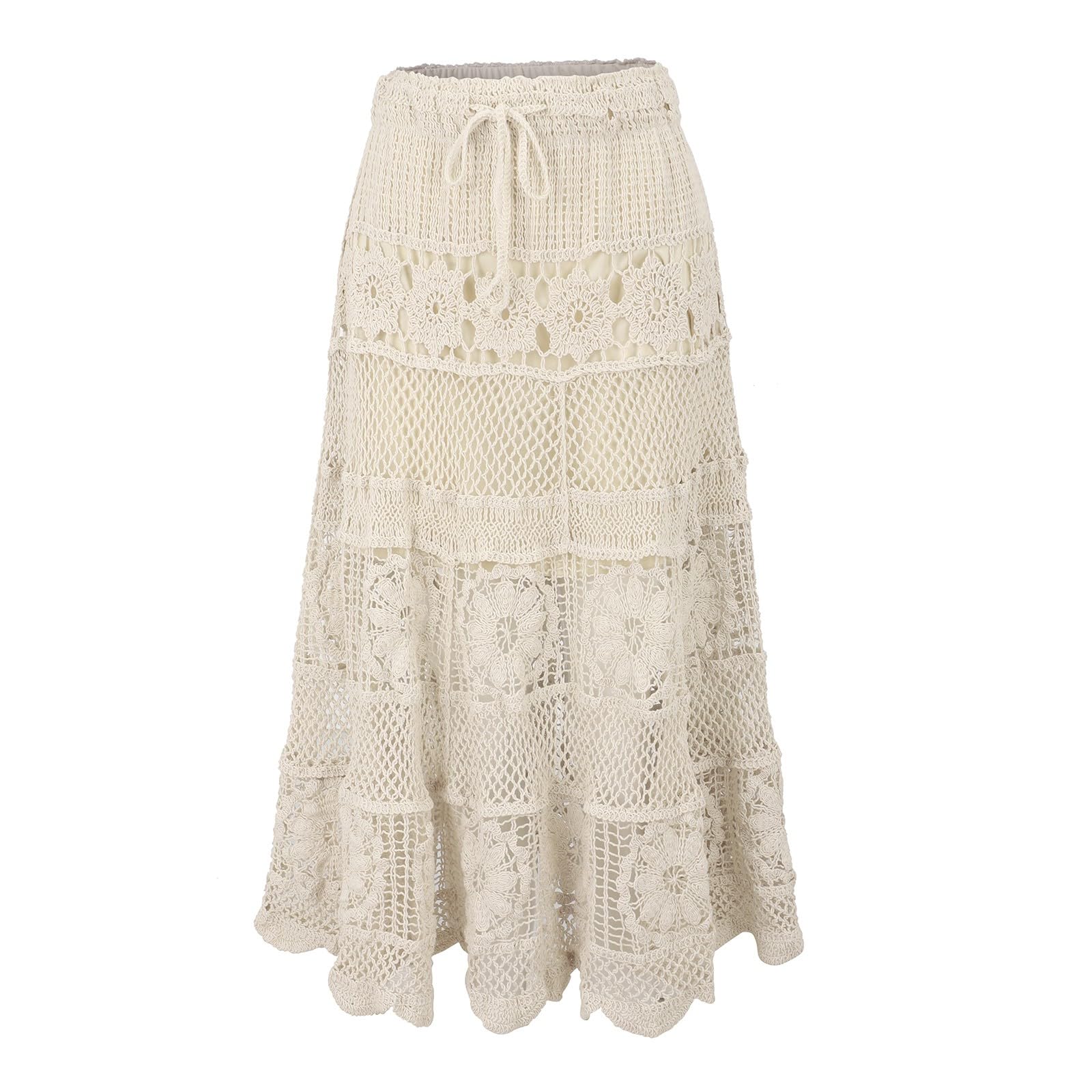 Falda midi de mujer blanca falda de verano hasta la rodilla falda de malla sexy casual con cordón falda plisada cintura alta elástica faldas línea A falda de playa de encaje vestido de verano