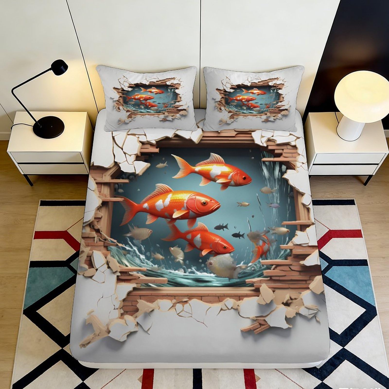 Uynsixtme Style-5 3D Printed Aquarium Fish Fitted Sheet Microfiber Deep Pocket Bedroom Bedding Aquarium Mattress Fitted Cover Washable 90X200x25cm