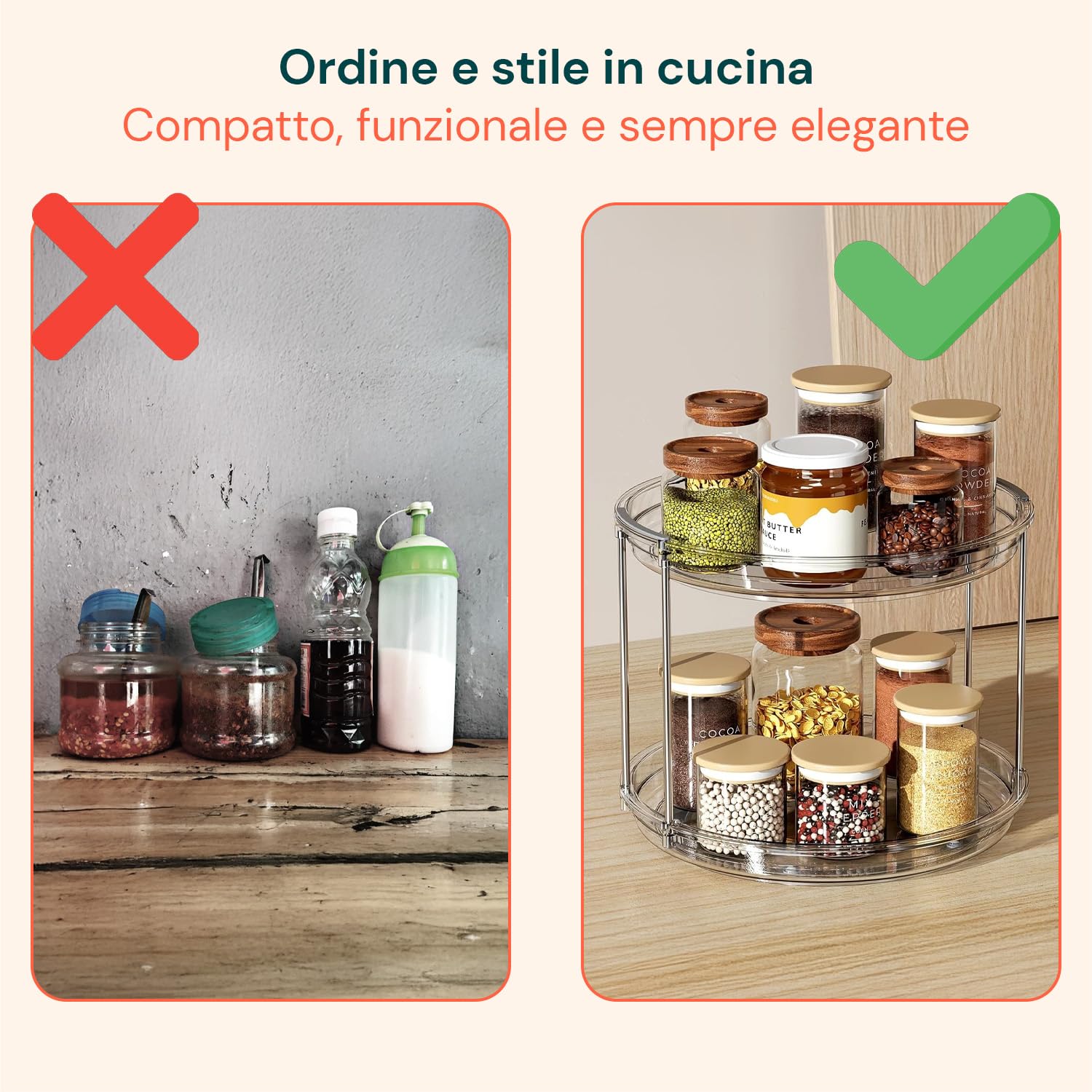 Avilia Set 2 Organizer Rotanti a 2 Livelli - Lazy Susan Salvaspazio per Cucina, Dispensa e Bagno - Porta Spezie e Porta Trucchi Girevole a 360° - Plastica Impermeabile Trasparente - Montaggio Rapido