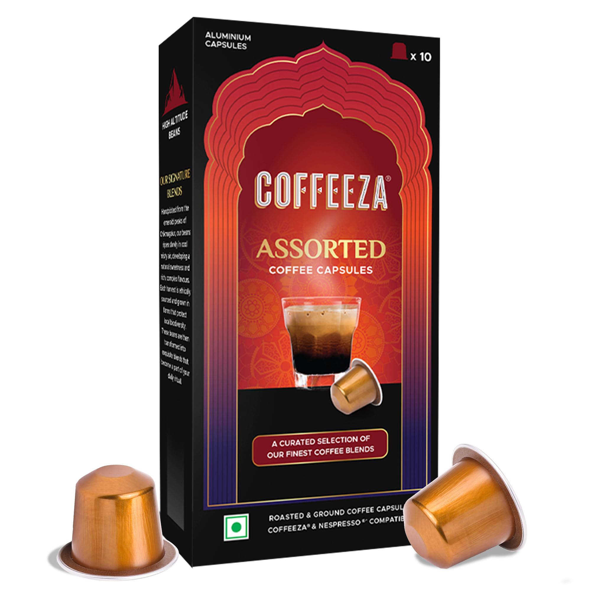 Assorted Box Of 10 Coffee Capsules Classico, Intenso, Cremoso, Forte, And Mysore Nuggets, 70 Gram