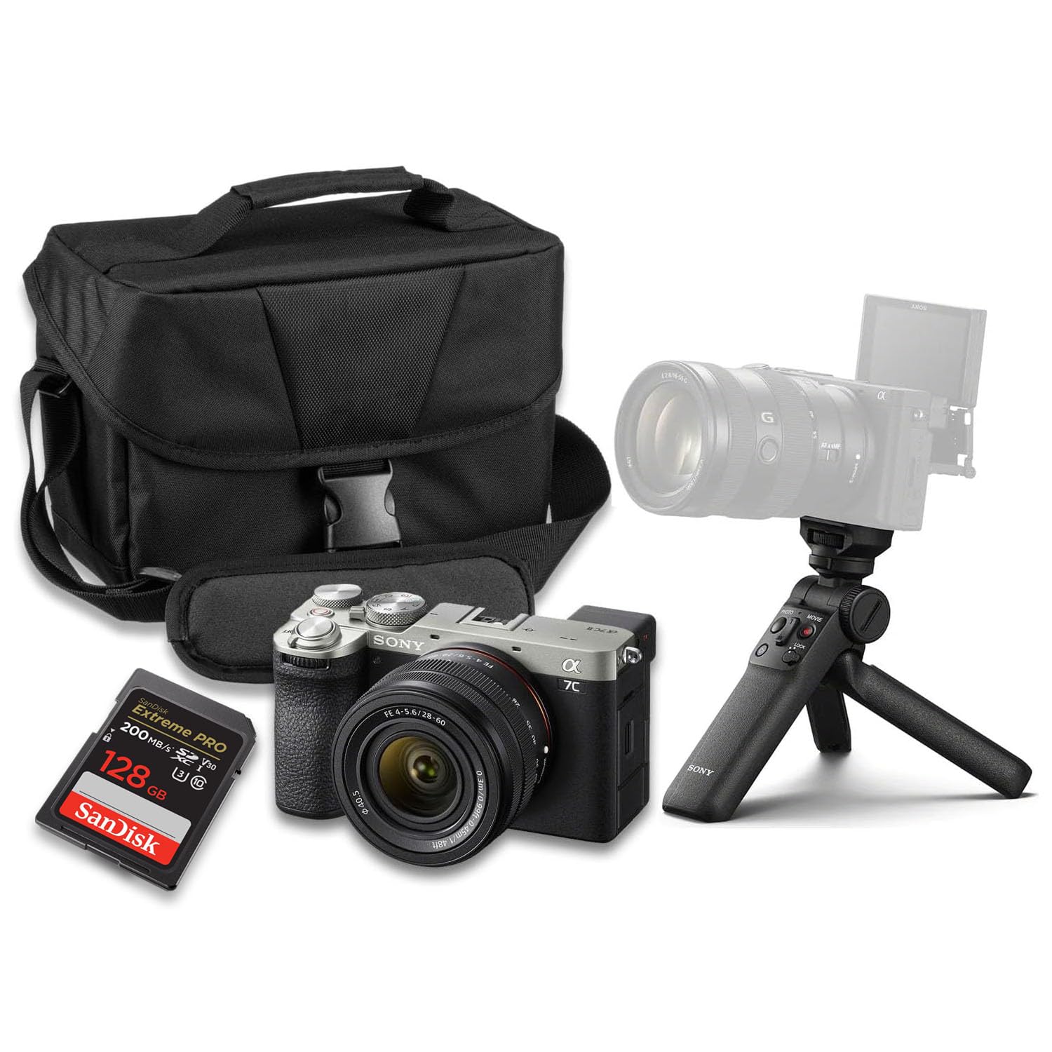 Sony a7C II Mirrorless Camera (Silver) with FE 28-60mm f/4-5.6 Lens+ Sony GP-VPT3 Wireless Shooting Grip + SanDisk Extreme Pro 128GB + Camera Carrying Case + More (13pc Bundle)