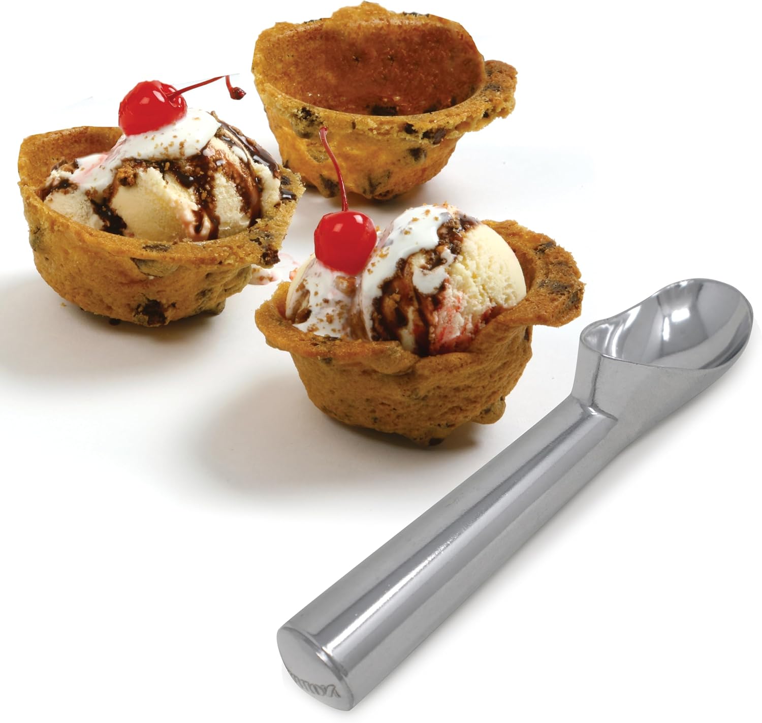 Norpro Anti-Freeze Ice Cream Scoop next to three servings of ice cream in cookie bowls.