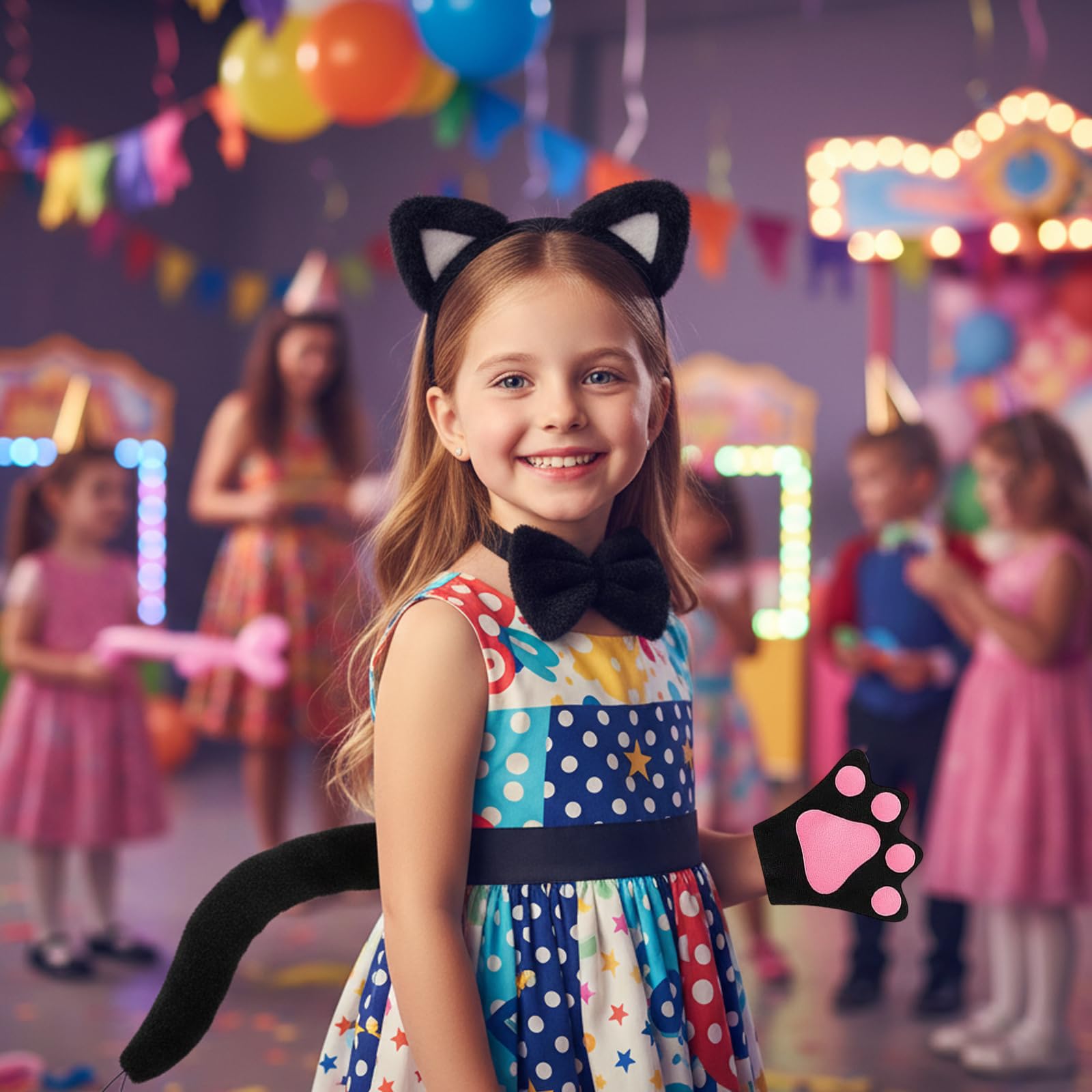 SrgPui 4Pcs Cat Ears and Tail, Cat Costume Set including Headband, Gloves, Bow Tie and Tail - Image 4