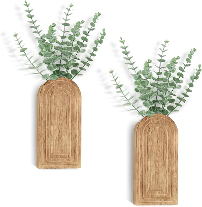 Dahey Wood Wall Planter Vase with Fake Eucalyptus Plants Boho Wall Decor | 2 Pack, Natural, Realistic, Flip Dual -use, Modern Farmhouse Art Hanging Decor, for Bathroom Bedroom Entryway Kitchen Office
