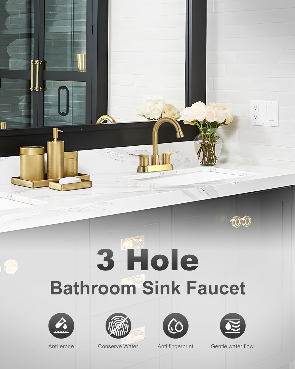 4 Inch Bathroom Faucet 3 Hole, 2 Handle Centerset Bathroom Vanity Sink Faucet, 360° Swivel Spout Lavatory Modern Bathroom Faucets with Pop-up Drain Assembly and 2 Hoses(Gold)