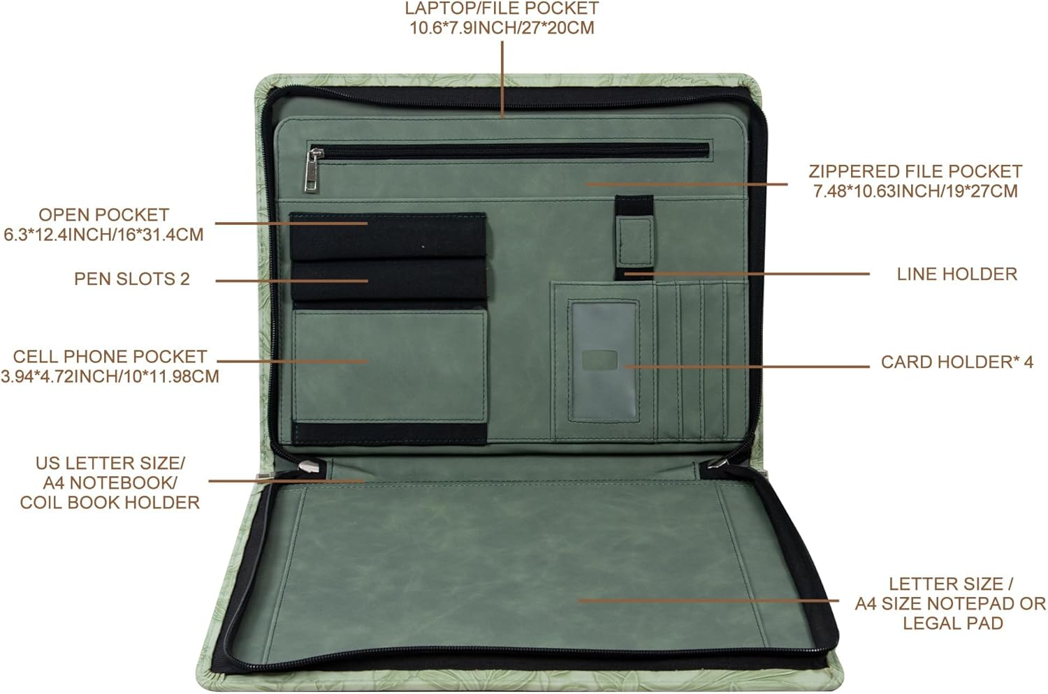 AZXCG Leather Portfolio with Zipper, Embossed PU Leather Padfolio Folio, Professional Business Document Organizer with A4 Letter Sized Writing Pad Holder(Green, Custom)