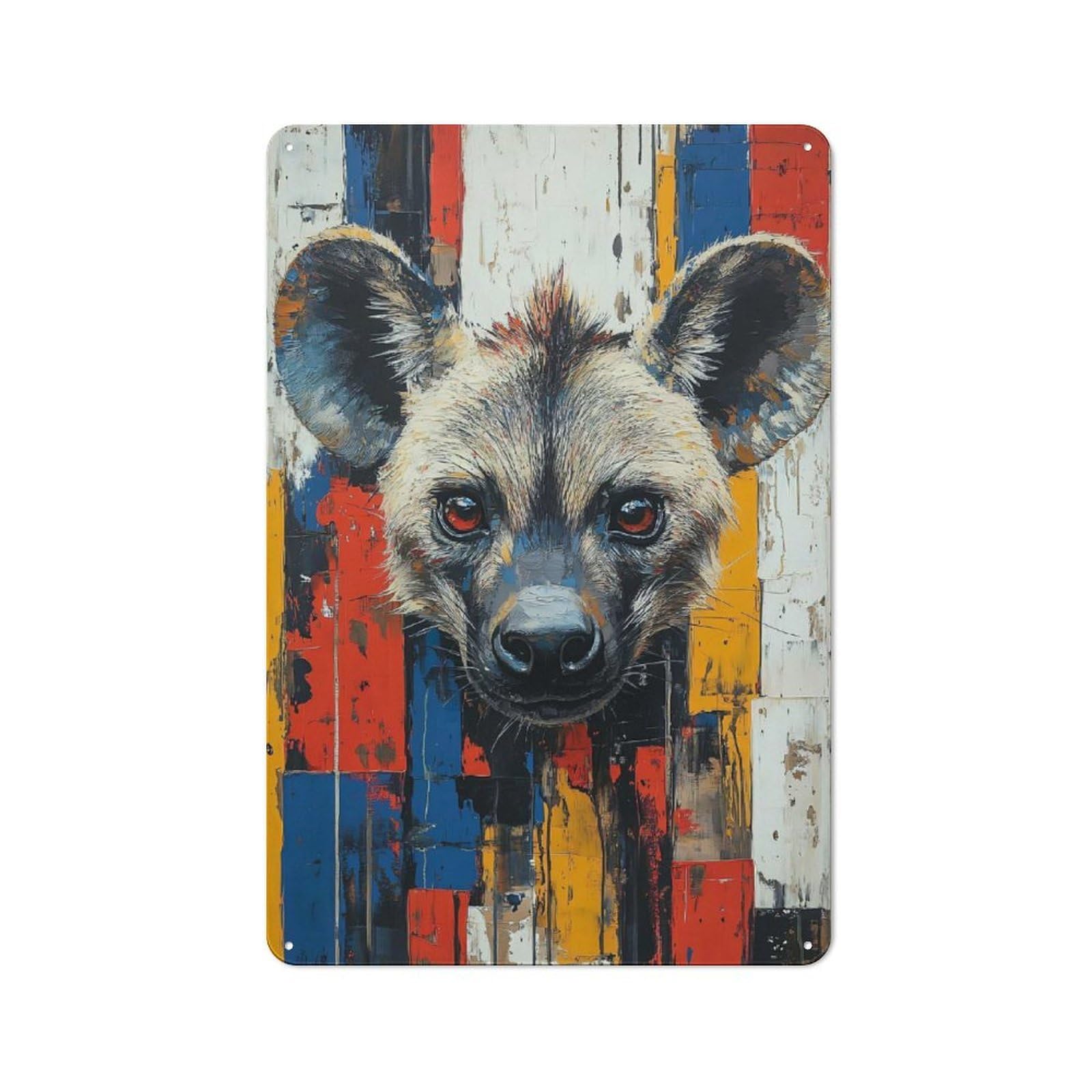Junmoney Style-2 30X20cm Retro Tin Sign With Hyena Portrait With Abstract Background For Lounge Or Reading Corner, A Decorative Metal Sign For Lounges And Reading Corners