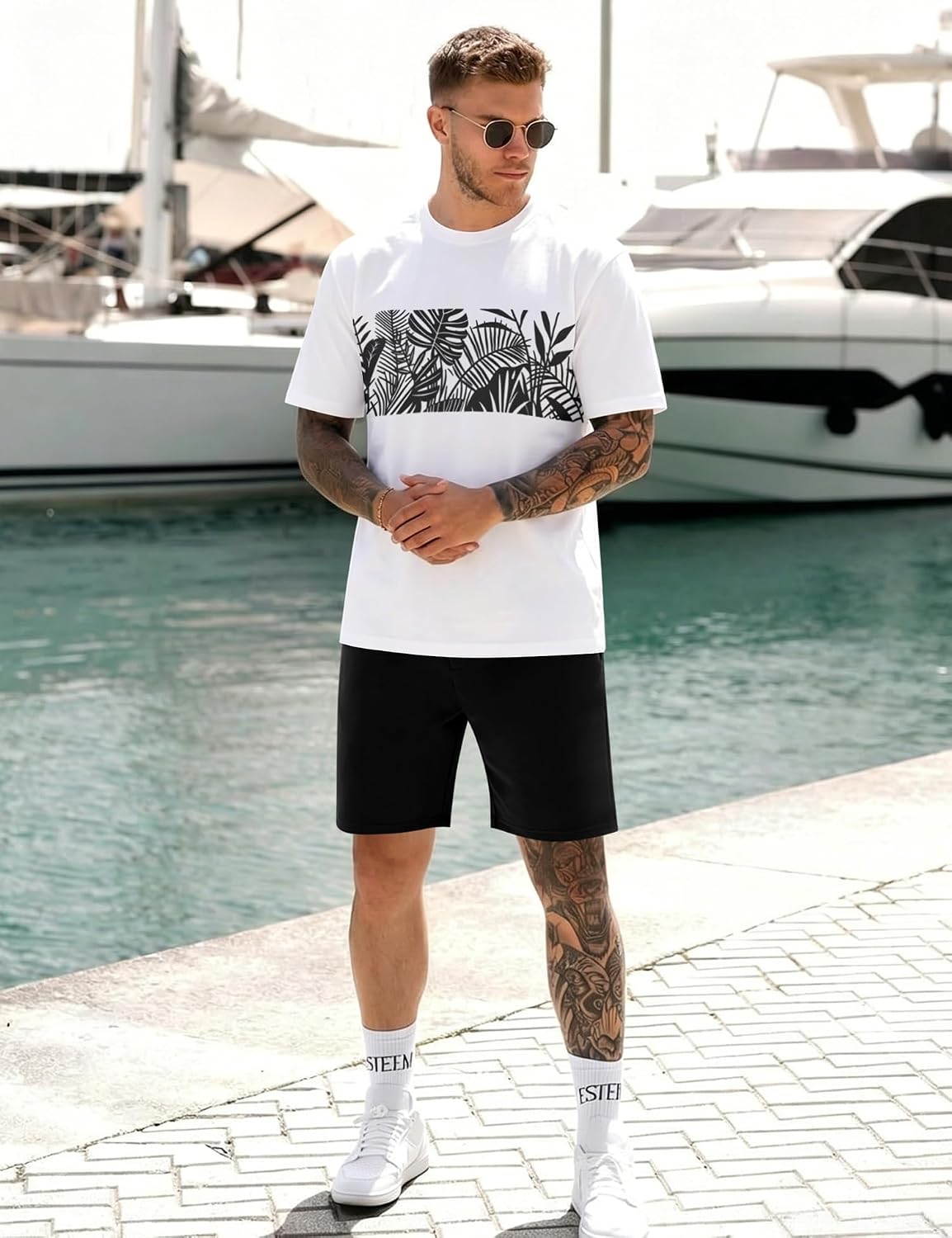 LecGee Men's 2 Piece Hawaiian Outfit Tropical Leaf Print Crew Neck T-Shirt and Drawstring Shorts Set Summer Beach Tracksuit