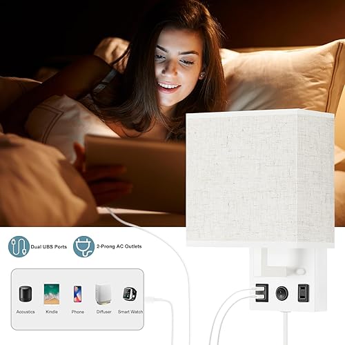 Miniatura 7 de CADUKE Lámpara de pared con cable de enchufe, juego de 2 lámparas de pared con puertos de carga USB y toma de corriente alterna, aplique de pared