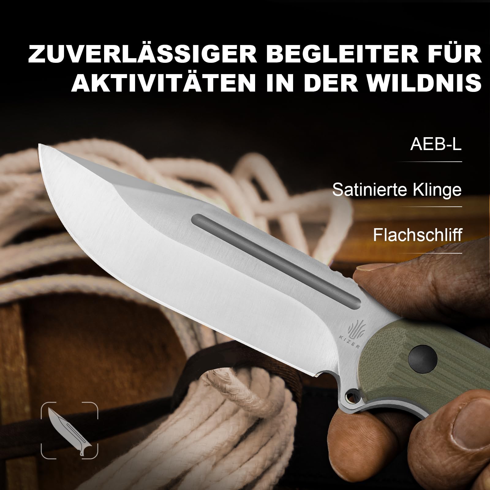 Kizer Ursa Major Survival Outdoor Messer mit Feststehende Klinge, 1082A2 | 11cm Clip Point AEB-L Klinge mit Ergonomischem Olivgrün G10 Griff, Bushcraft Messer mit Scheide & Hexagon Loch für Camping