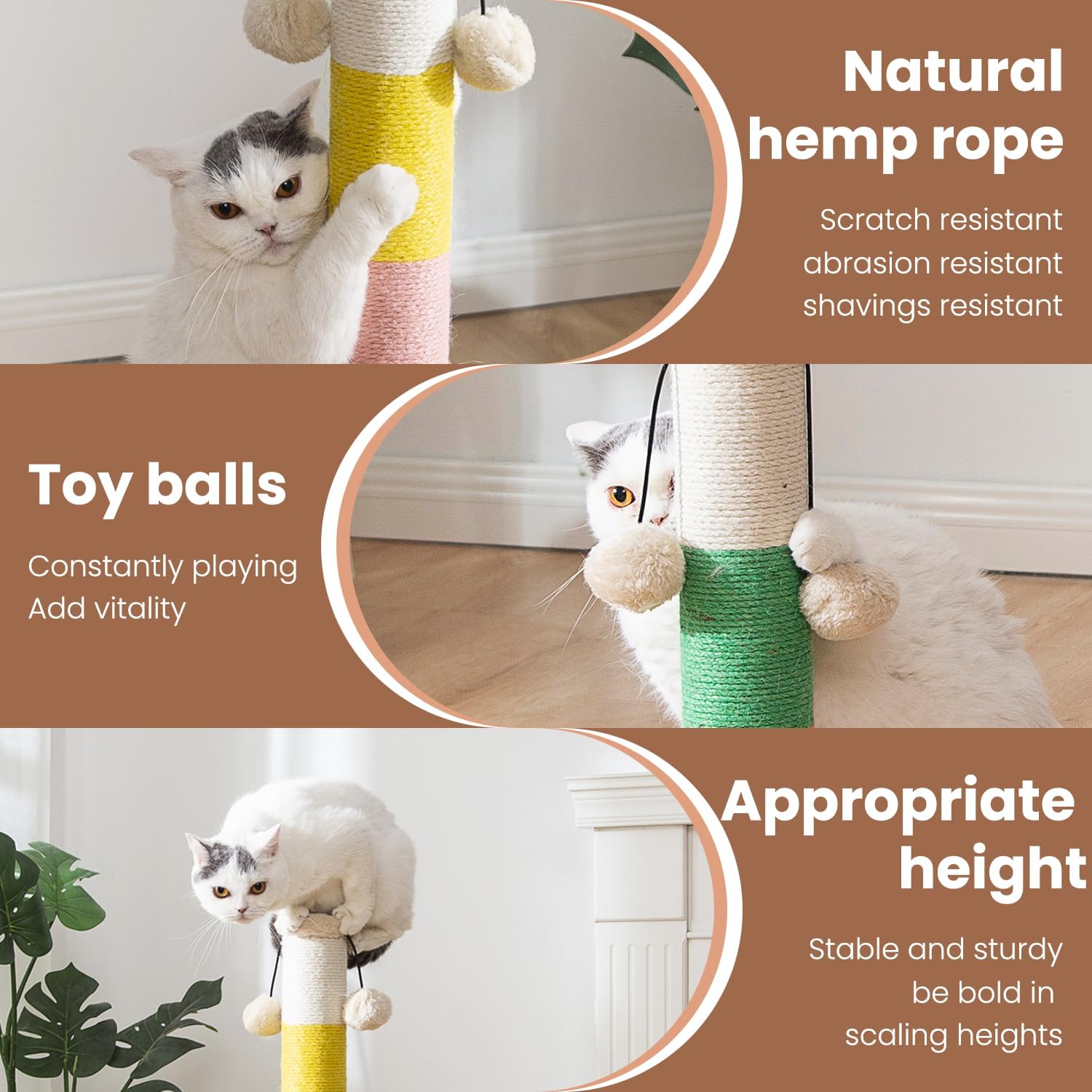 LUCKITTY 30 Inch High Cat Scratching Post with 4 Plush Teasing Toy Balls, Natural Sisal Rope Post and Thickened Base, Red Green Yellow White