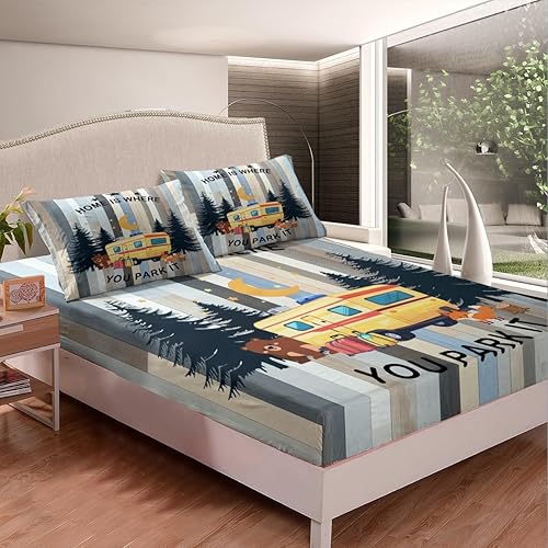 Vista 44 de Erosebridal Juego de sábanas de Happy Camping King, accesorios para cámper para niños, adolescentes y adultos, sábana bajera ajustable de dibujo