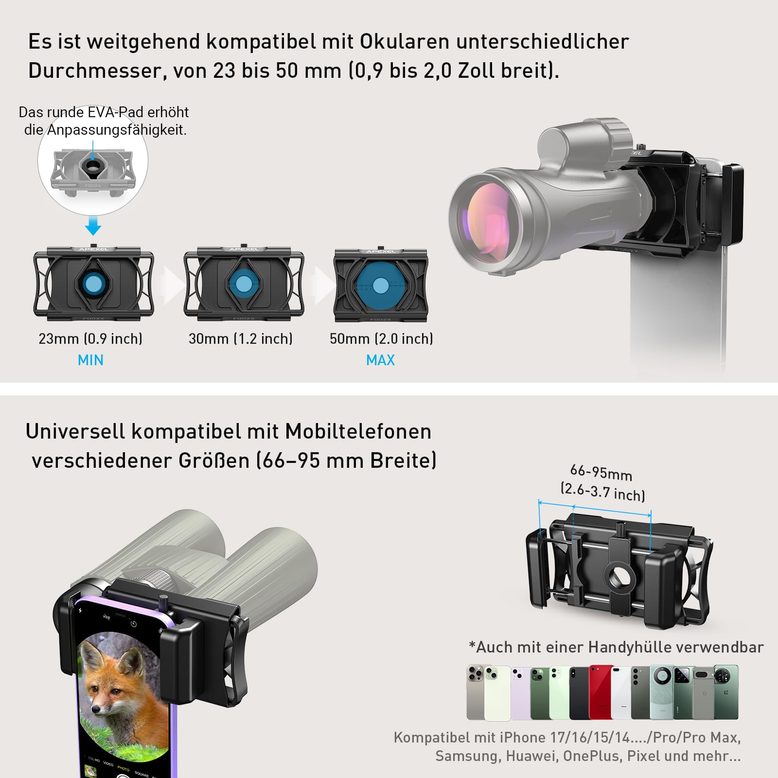 APEXEL Aktualisierung Universal Handy Adapter mit Fernauslöser,360°Drehung Kompatibel mit Fernglas Binoculars Monokular und Mikroskop,Teleskop Adapter für Mobiltelefone mit Breiten von 66~95 mm