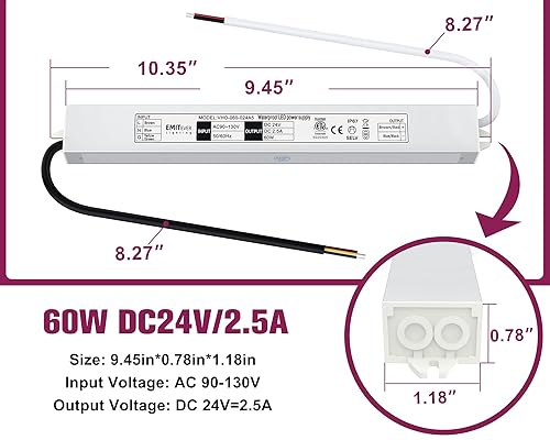 Miniatura 3 de EMITEVER Controlador LED de 24 voltios, 60 vatios, fuente de alimentación IP67 impermeable con certificación ETL, transformador de bajo voltaje,