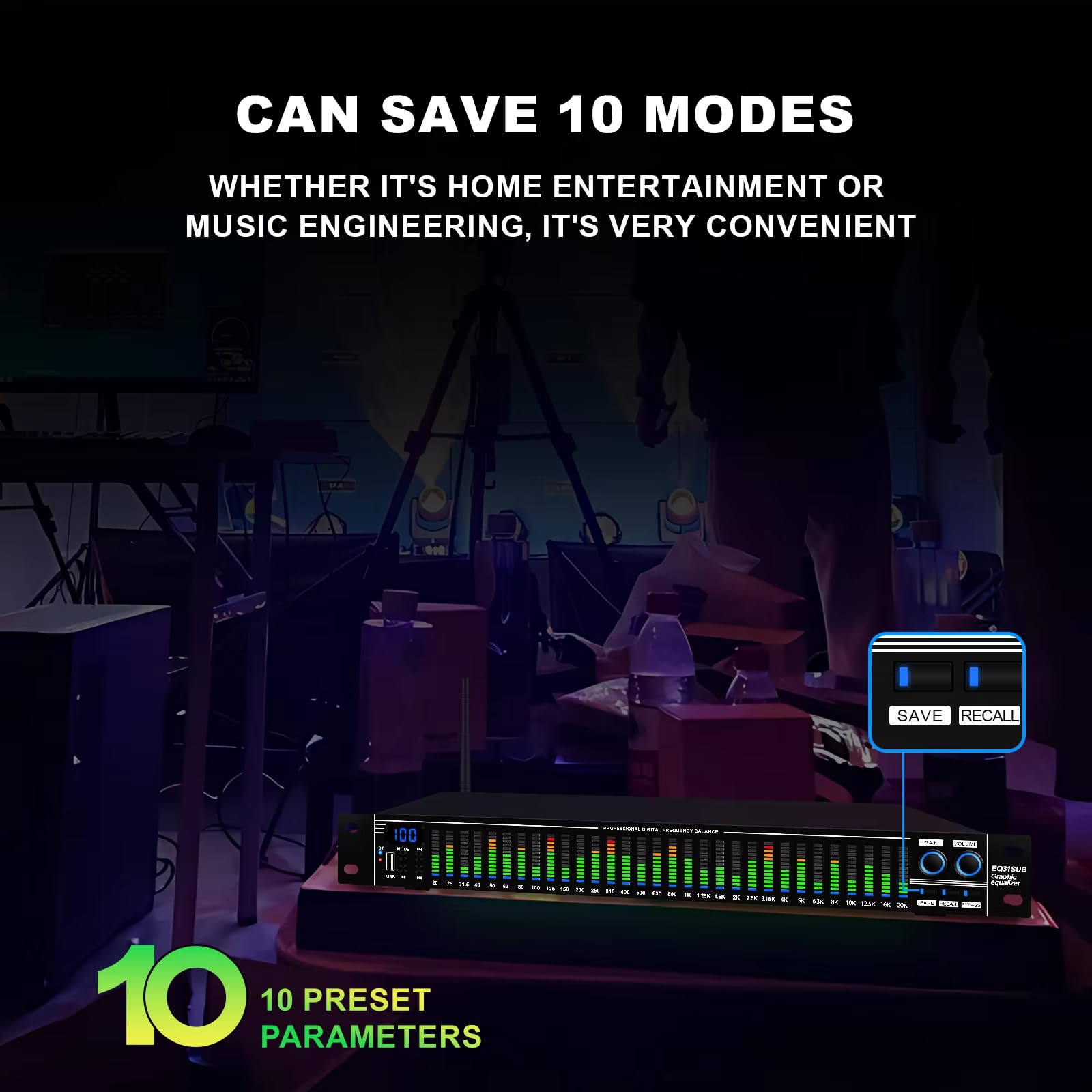 Ecualizador Audio para el hogar, Ecualizador Digital EQ Reducción de Ruido, Ecualizador gráfico estéreo Pantalla de frecuencia en Tiempo Real 31 Bandas para Ktv, Indicador de Espectro LED