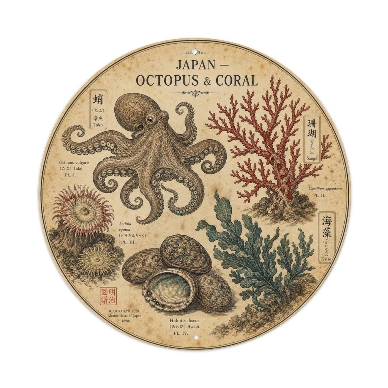 Olyhtr 8X8inch Classic Style Meiji Japan Octopus Coral Ceramic Folk Pattern Metal Tin Sign