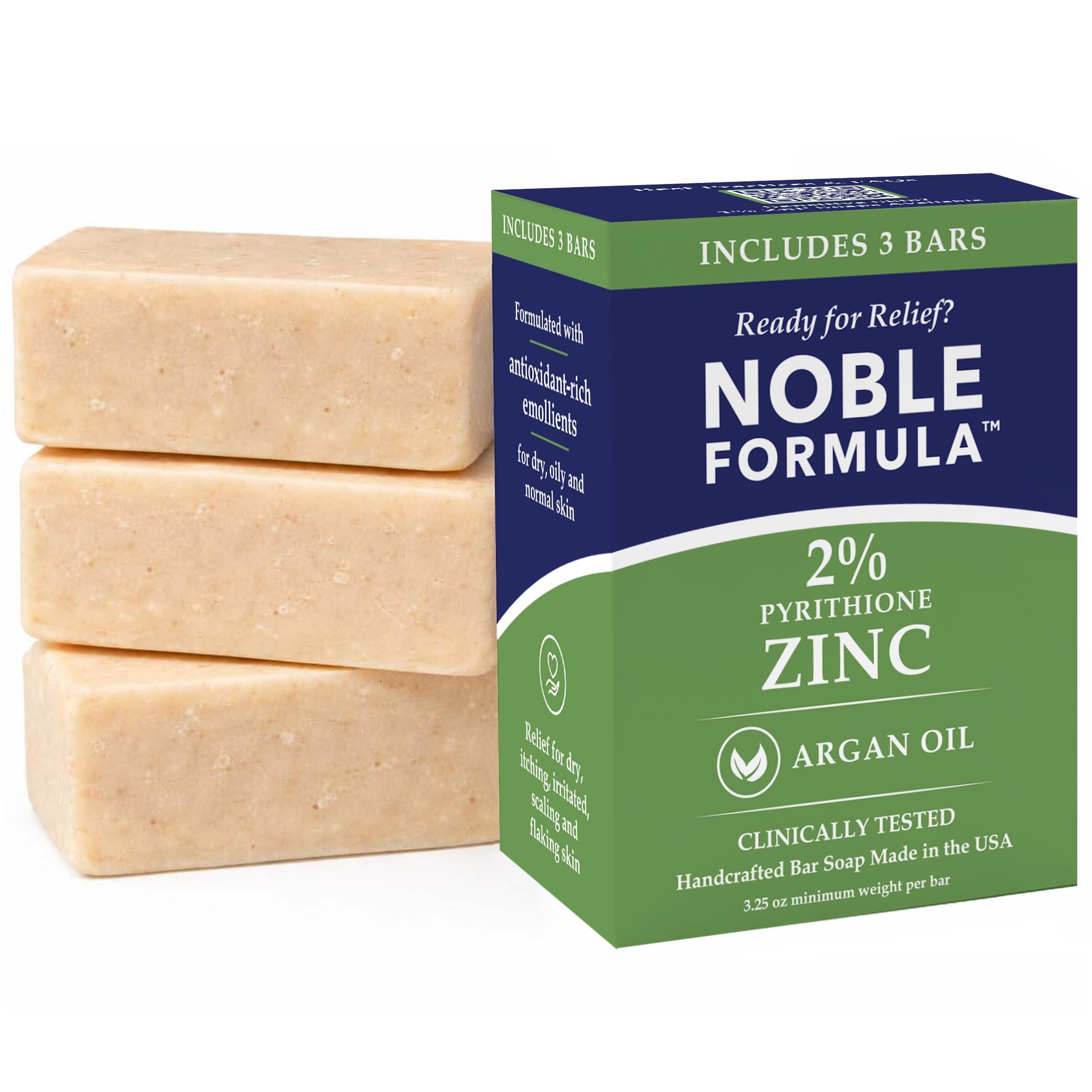 Noble Formula 2% Pyrithione Zinc (ZnP) Olive Oil and Argan Oil Bar Soap, Especially Formulated for Acne, Psoriasis, and Eczema, Safe for Daily Use and All Skin Types, 3 Bars in 1 Box, Total 9.75 oz