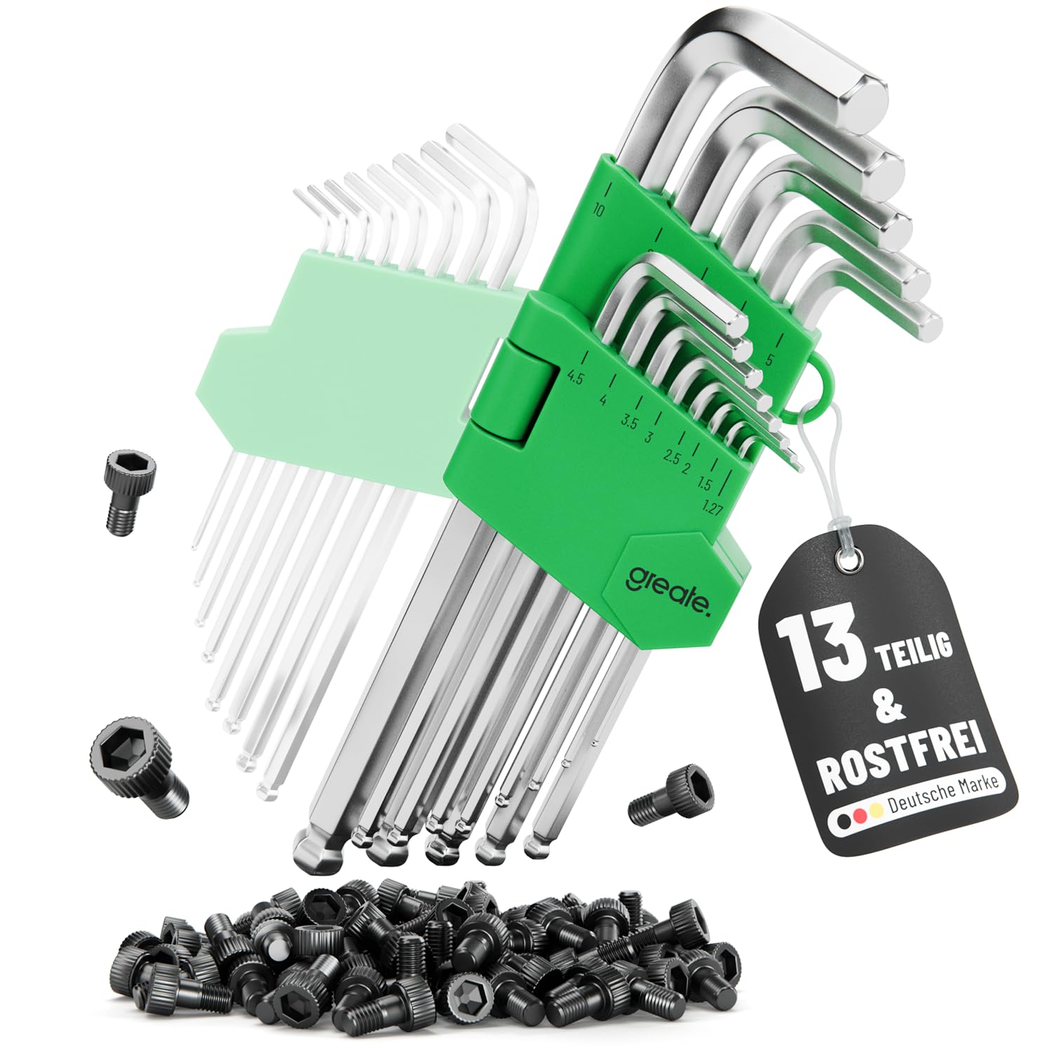 greate Innensechskantschlüssel Set mit Kugelkopf 13 teilig - 1,27 bis 10 mm Sechskantschlüssel Set aus CRV Stahl mit stabilem Klapphalter