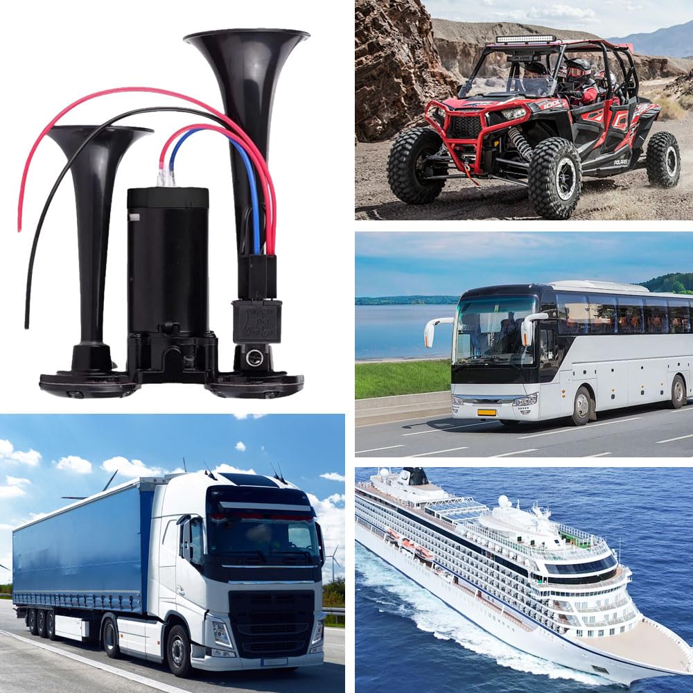 Clacson Auto, Tromba 12V con Compressore per Camion, Trombe Camion 600 DB, Doppio Tubo ad Aria Corno, per Veicoli da 12 V, Camions, Treni, Barche, Moto, Furgone