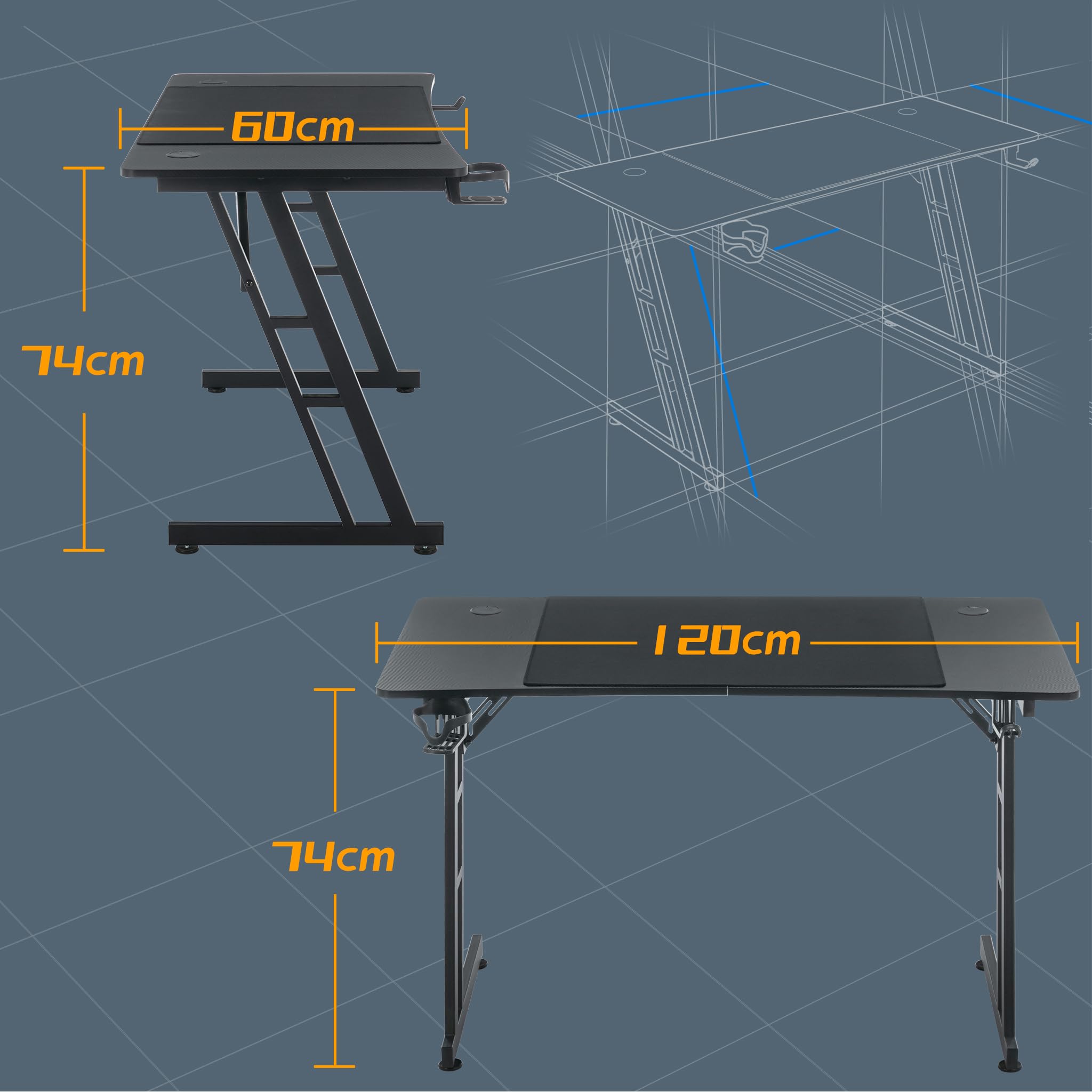 ACXIN Tavolo da gioco, 120 x 60 cm, scrivania per computer con gancio per cuffie e porta bevande, struttura a forma di Z, design ergonomico, scrivania in fibra di carbonio, nero