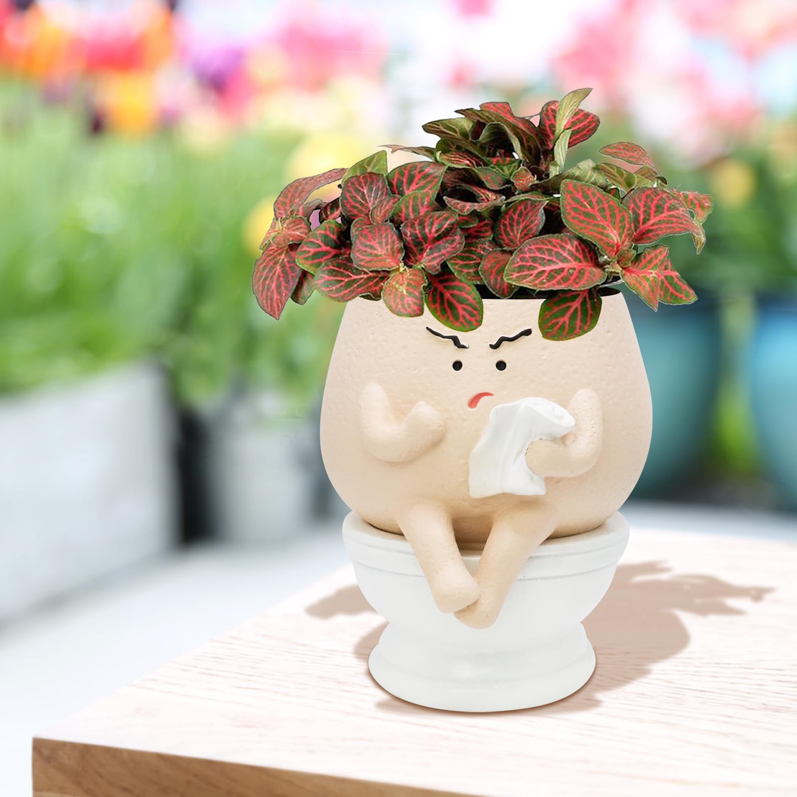 Macetas con el ceño fruncido para plantas de interior, bonitas macetas de resina con cabeza de flor, macetas para suculentas con agujero de drenaje, maceta única de cierre – Idea de regalo