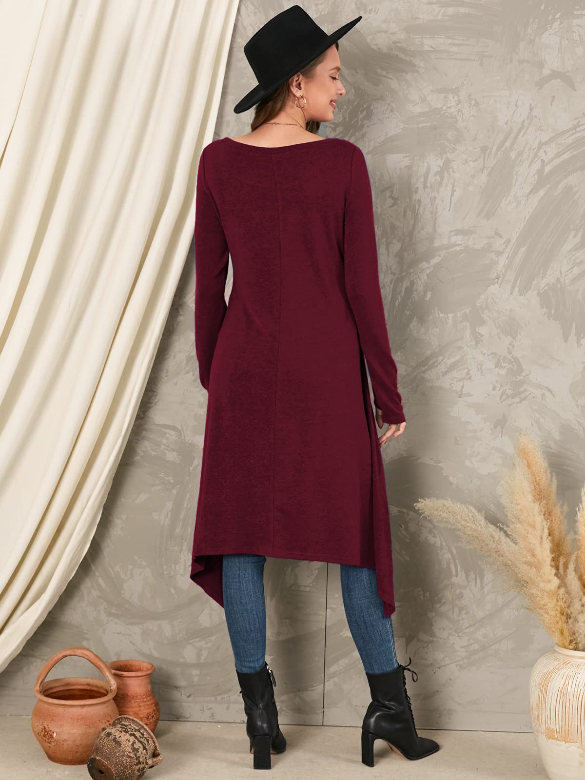 ZANZEA Femme Robe Pull en Maille Oversize HiverTunique Longue Grande Taille Robe Sweat Asymetrique 01-Bordeau M