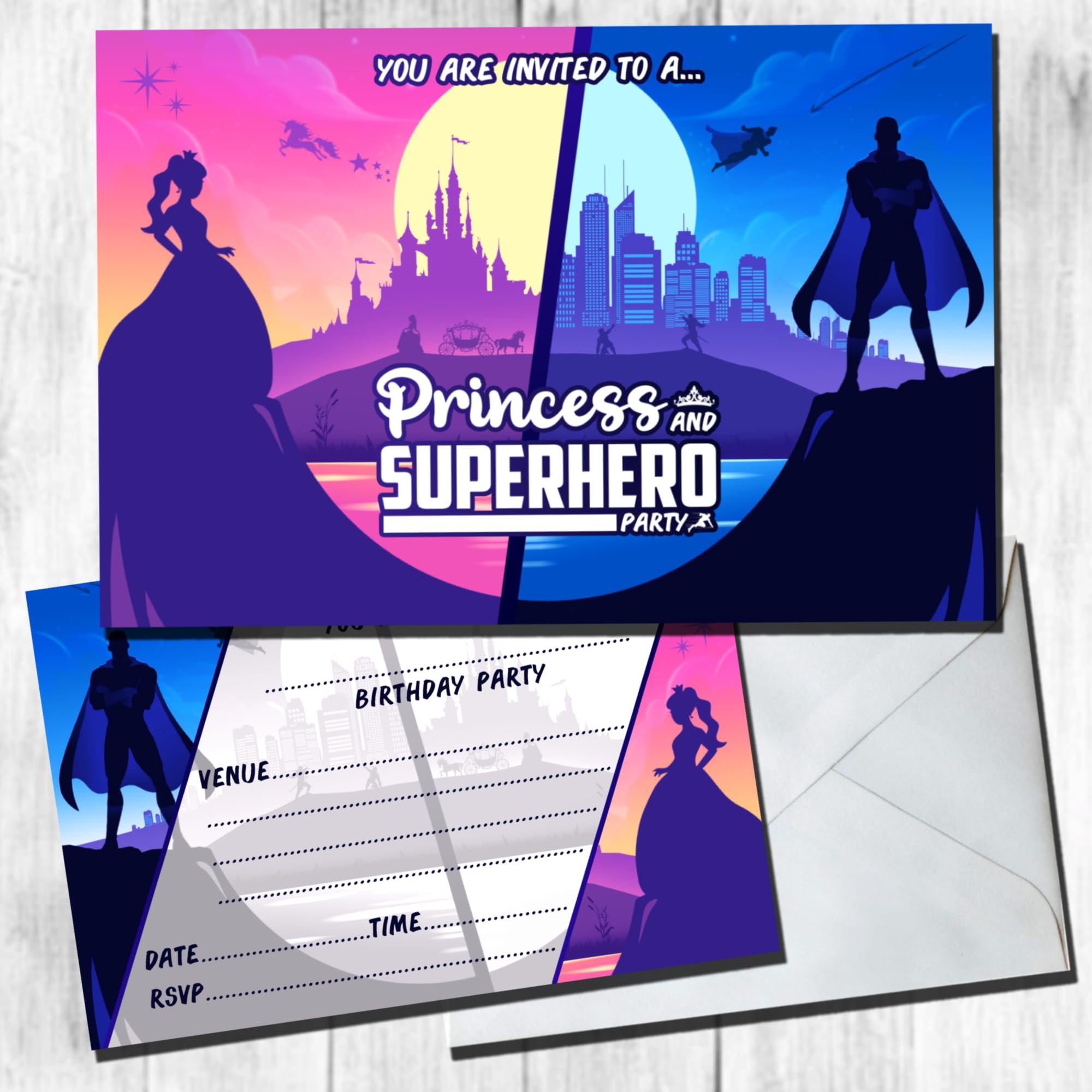 Princess and Superhero Invites Party Invitations & Envelopes (WRITE ON) New (Pack of 30 with envelopes)