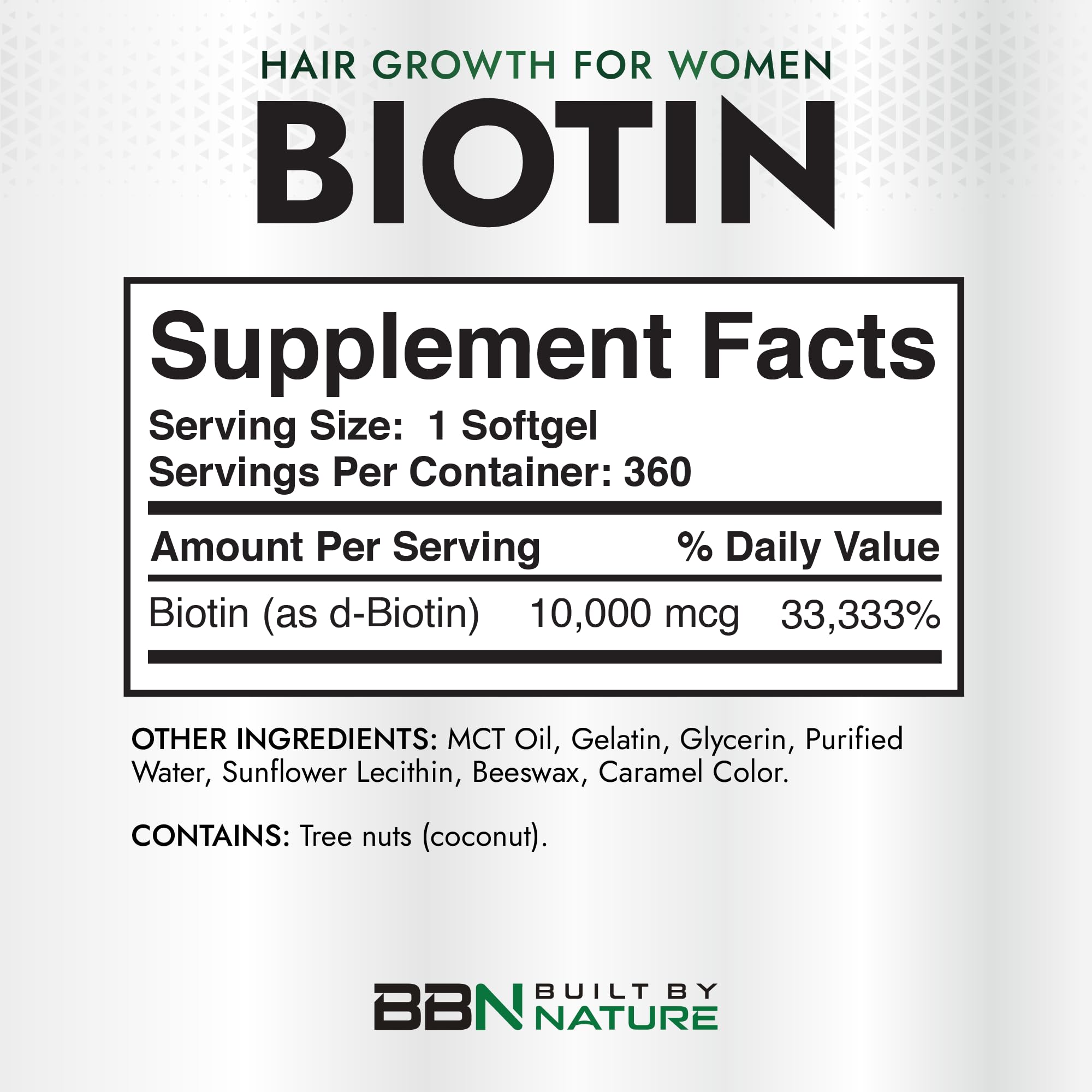 Built by Nature Biotin 10,000 mcg – Biotin for Hair Growth Women – High Potency Vitamin B7 Supplement – Vitamins for Hair, Skin & Nails – 360 Softgels
