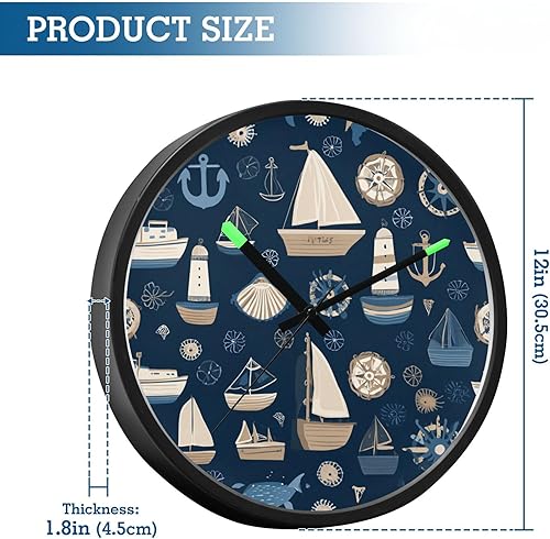 Miniatura 3 de Nautical Boat Blue 12 Inch Analog Wall Clocks Battery-Operated with Led Lights for Living Room Bedroom Kitchen Office Decor, Battery Not Included