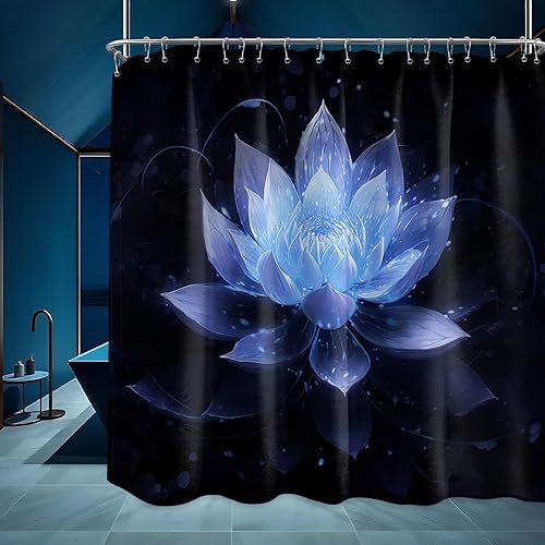 Miniatura 49 de Cortina de ducha negra y dorada con flores de loto amarillo dorado para juegos de decoración de baño, tela impermeable con ganchos, 70 x 72 pulgadas