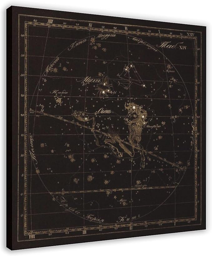 HEOVI Aries Zodiac Sign, Old Russian Astronomy Chart, Star Constellation Illustration Canvas Wall Art Print Poster For Home School Office Decor Frame-style 28x28inch(70x70cm)