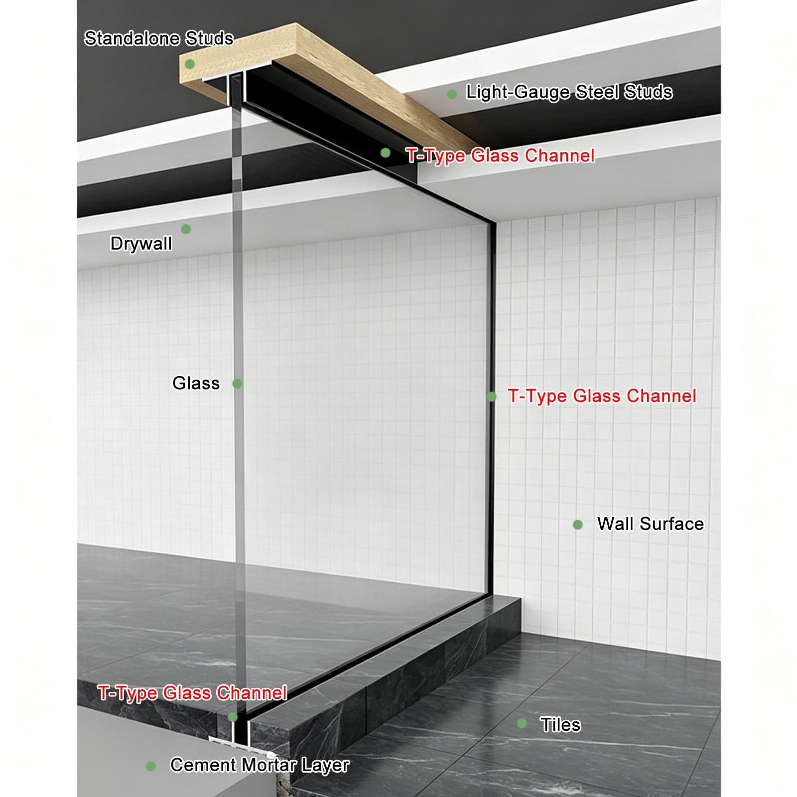 Canal de aluminio para cristal tipo T, resistente a la oxidación | Junta protectora de PVC integrada, apta para cristales de 8, 10 y 12 mm de grosor para oficinas(12mm Black,300cm/118.1")
