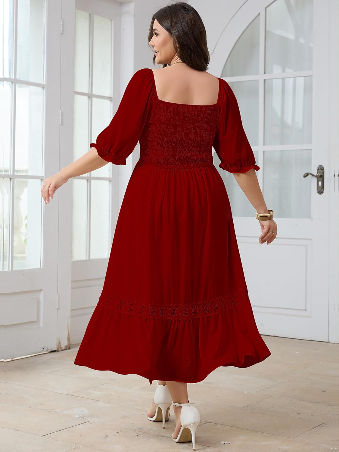 SCOMCHIC Women's Plus Size Maxi Dress Short Sleeve Square Neck Smocked Flowy A-Line Lace Trim Boho Wedding Guest Dresses - Image 6