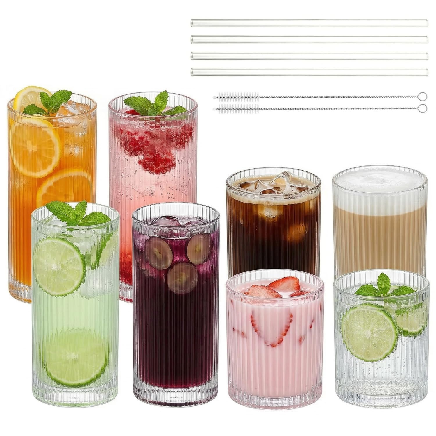 Photo 1 of Hestremo Ribbed Glass Cups with Straws Set of 8