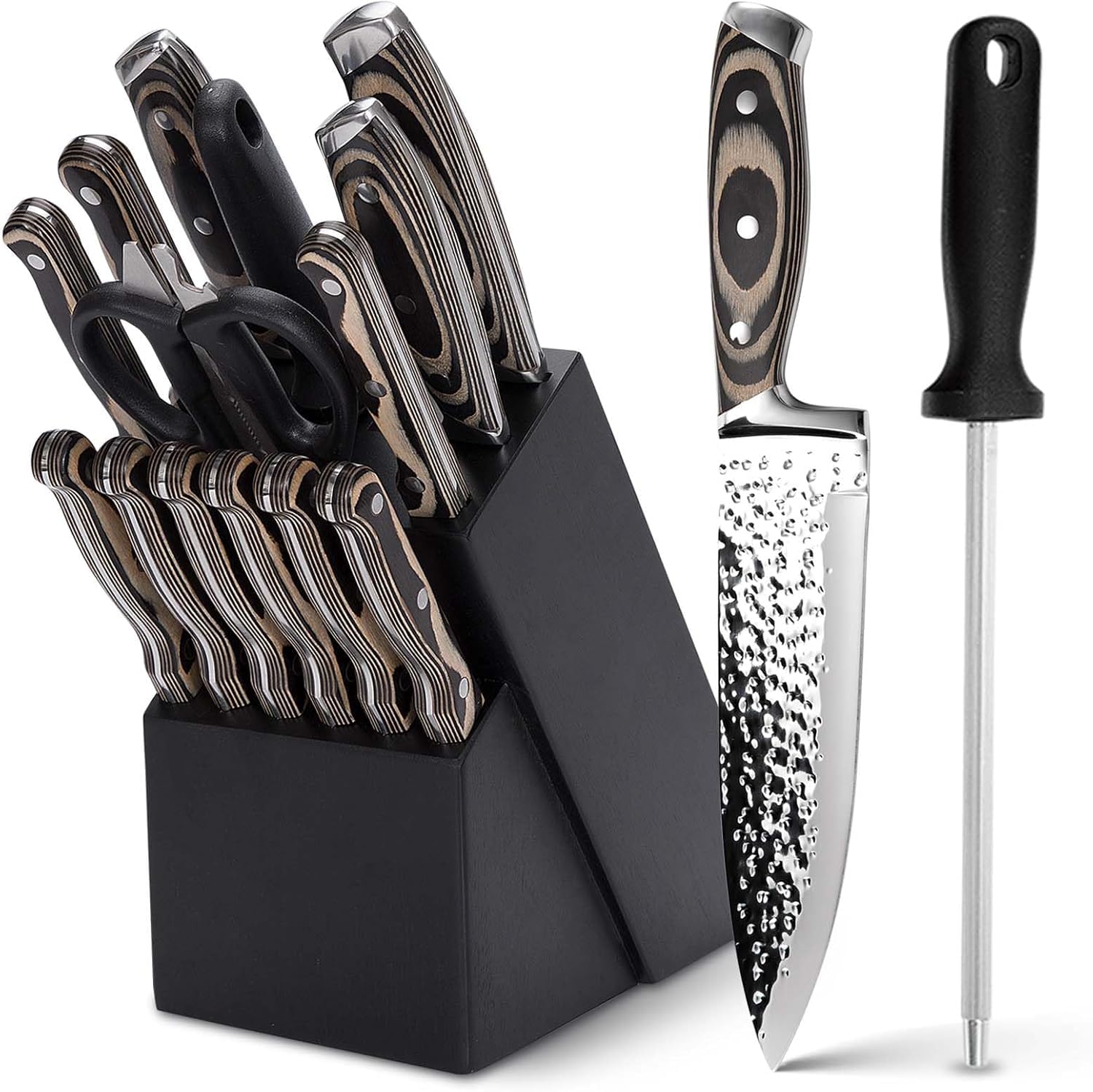 Messerblock mit Messer 15-teilig, Rostfreier Spezialstahl Ultra Scharf, Profi Allzweck Küchen Messerset mit Steakmesser, Brotmesser, Küchenschere & Messerschärfer, Naturholzfarben Holz Griff