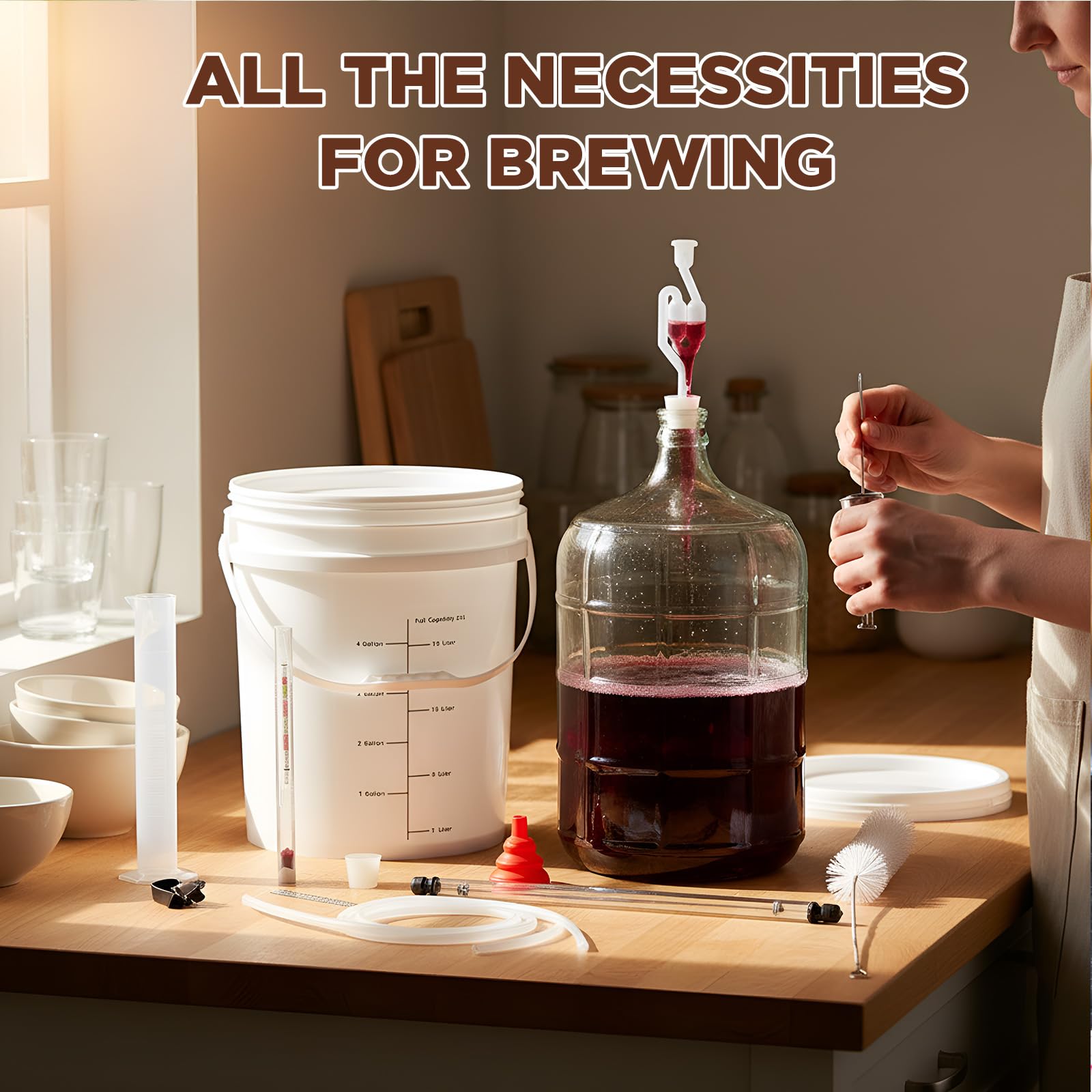 Ziliny El kit para hacer vino incluye Carboy de 5 galones, cubo y tapa de 6.5 galones, sifón automático, hidrómetro, probador de porcentaje de alcohol, relleno de botellas, cierre de aire, embudo de