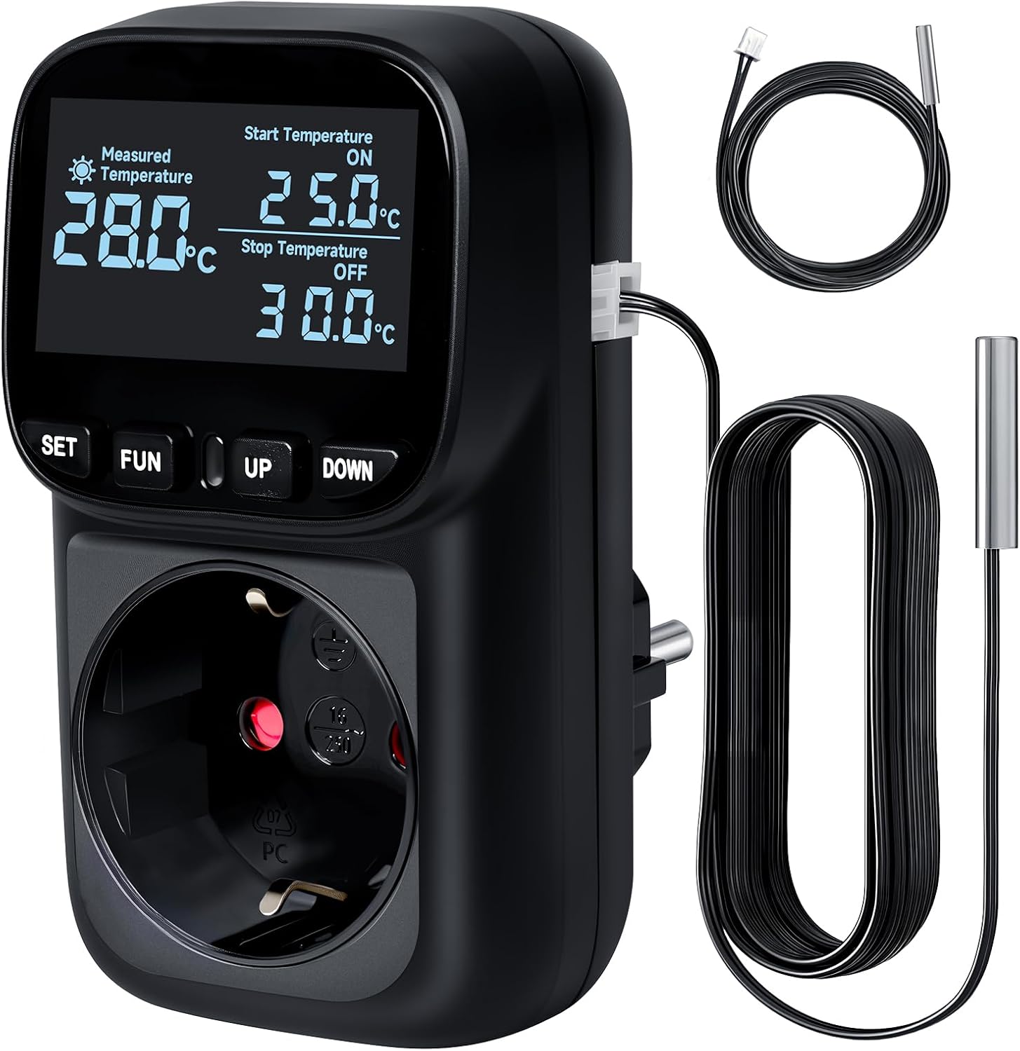 Temperatursteuerung Steckdose 16A/3680W -40°C~120°C, Digitales Thermostat, 5M + 2M Kabel Sensoren, Heizen/Kühlen, Zyklustimer/Countdown- Schwarze