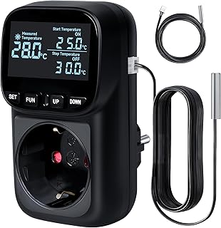 Temperatursteuerung Steckdose 16A/3680W -40°C~120°C, Digitales Thermostat, 5M + 2M Kabel Sensoren, Heizen/Kühlen, Zyklustimer/Countdown- Schwarze