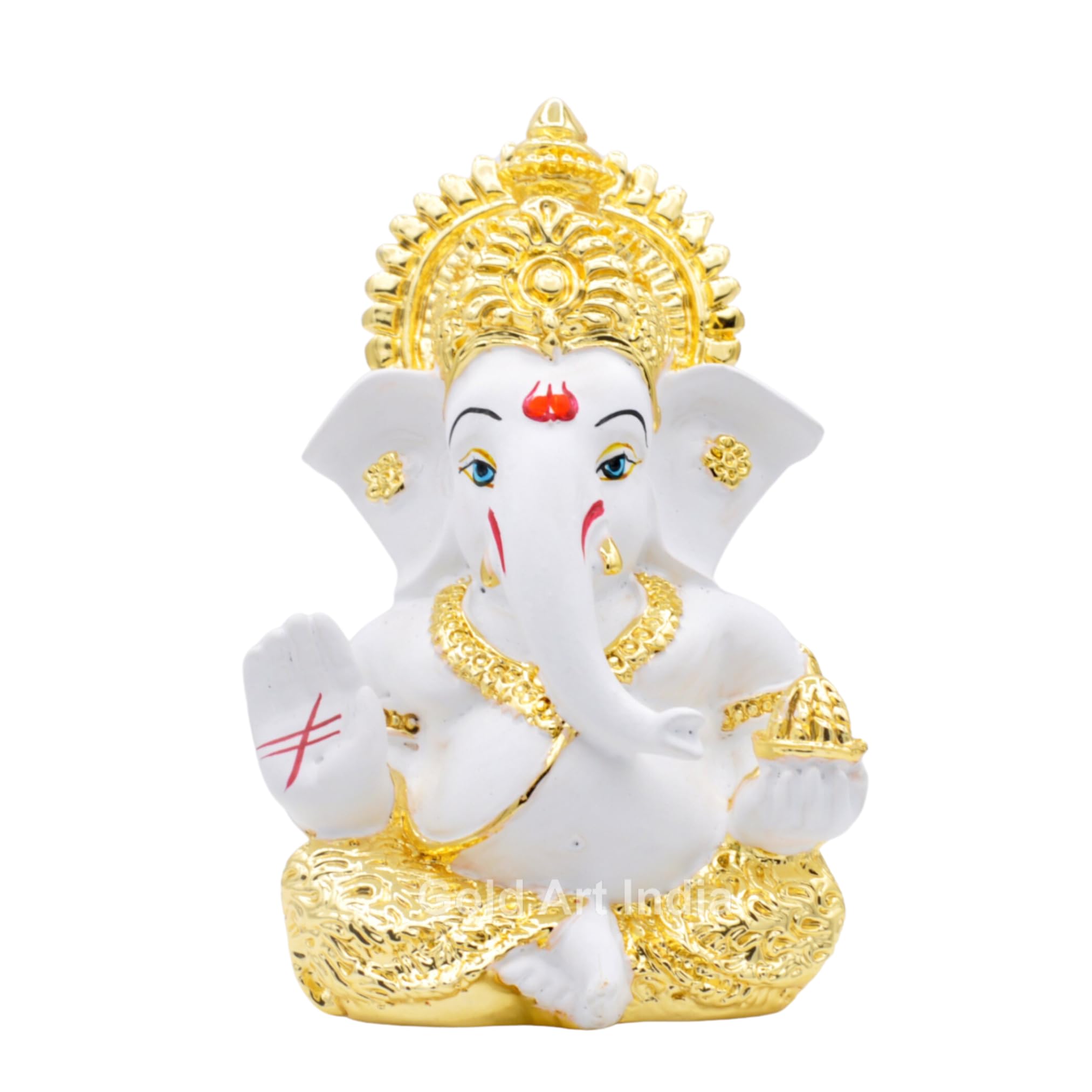 Gold Art India Gold Plated Ganesh Idol for Car Dashboard God Ganesha Idol for Home Decor Ganpati for Gift Home Office Table Shelves Diwali Gifting 3.5 Inches Gold White Mukut