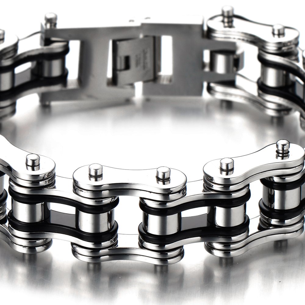 COOLSTEELANDBEYOND Pesante e Studio - Bracciale da Uomo, Catena di Bicicletta, Acciaio Inossidabile, Lucidato a Specchio