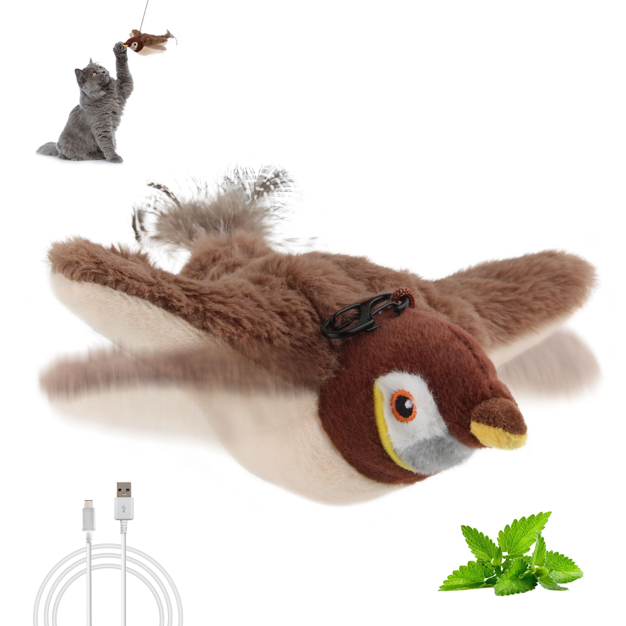 SKIPDAWG PETGEEK Flapping & Chirping Bird Cat Toy for Indoor Cats with Catnip, USB Rechargeable Motion Activated, Interactive Beating Wings Cat Toy,